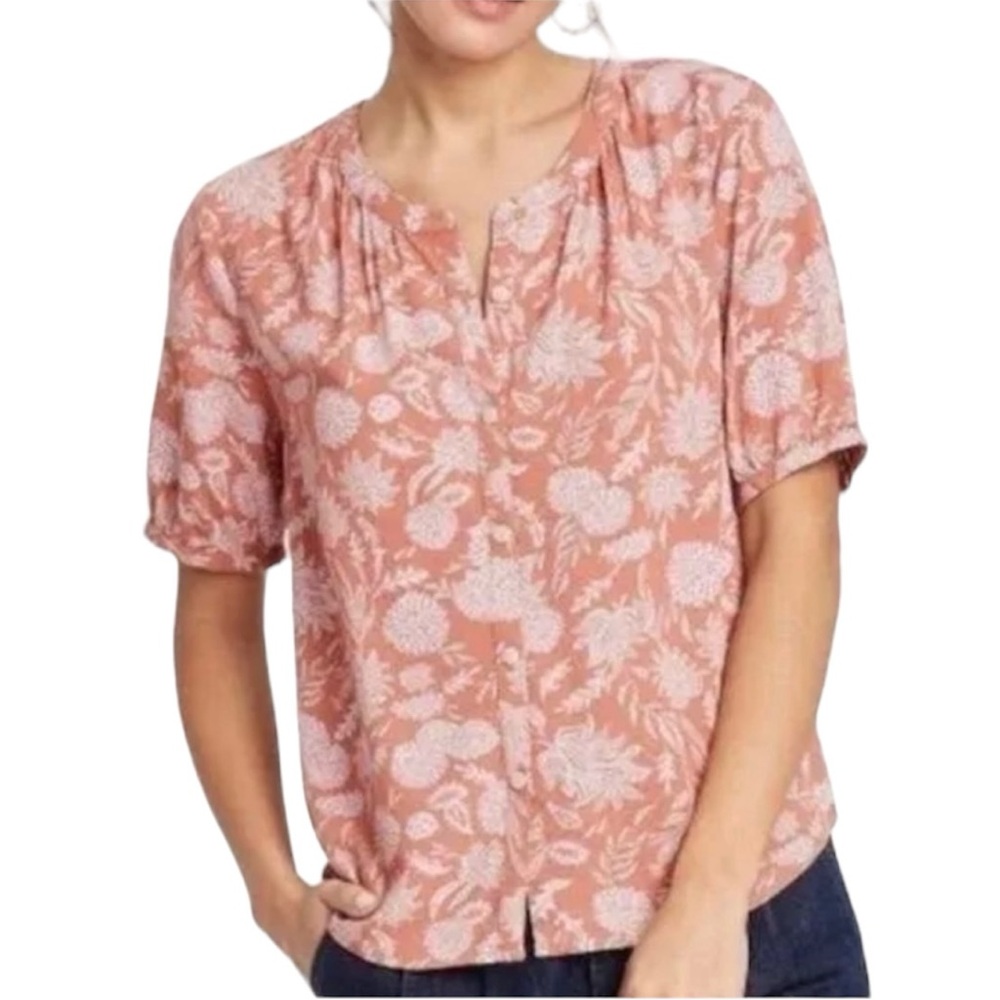 Floral‎ Short Sleeve Button Down Blouse Terracotta Pink Size XS Cottagecore Boho